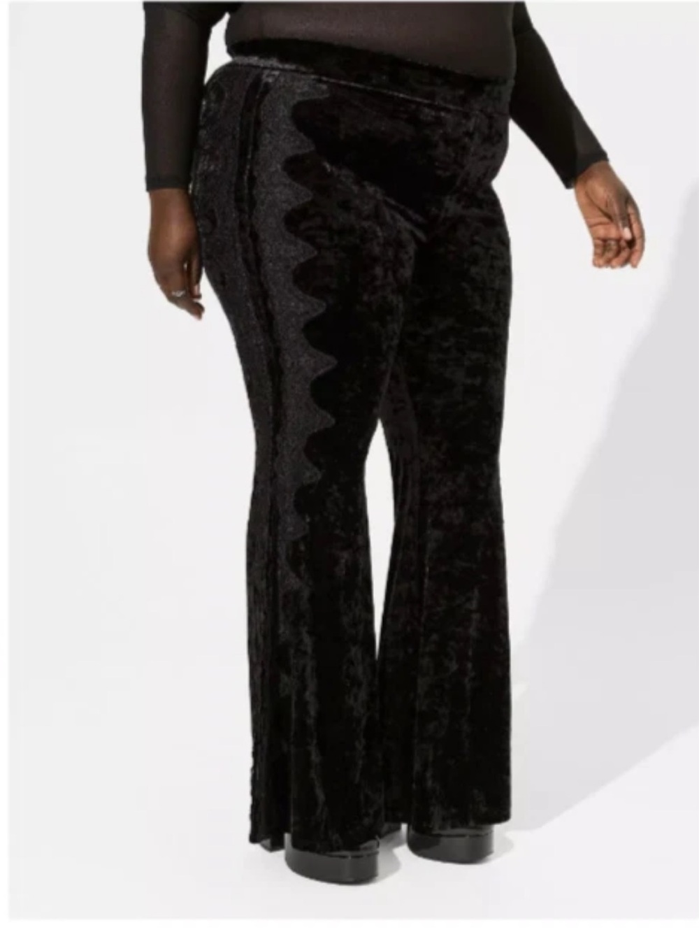 Torrid Festi Sz 2X Stretch Velvet Lace Side Flare Festival Boho Pants Black